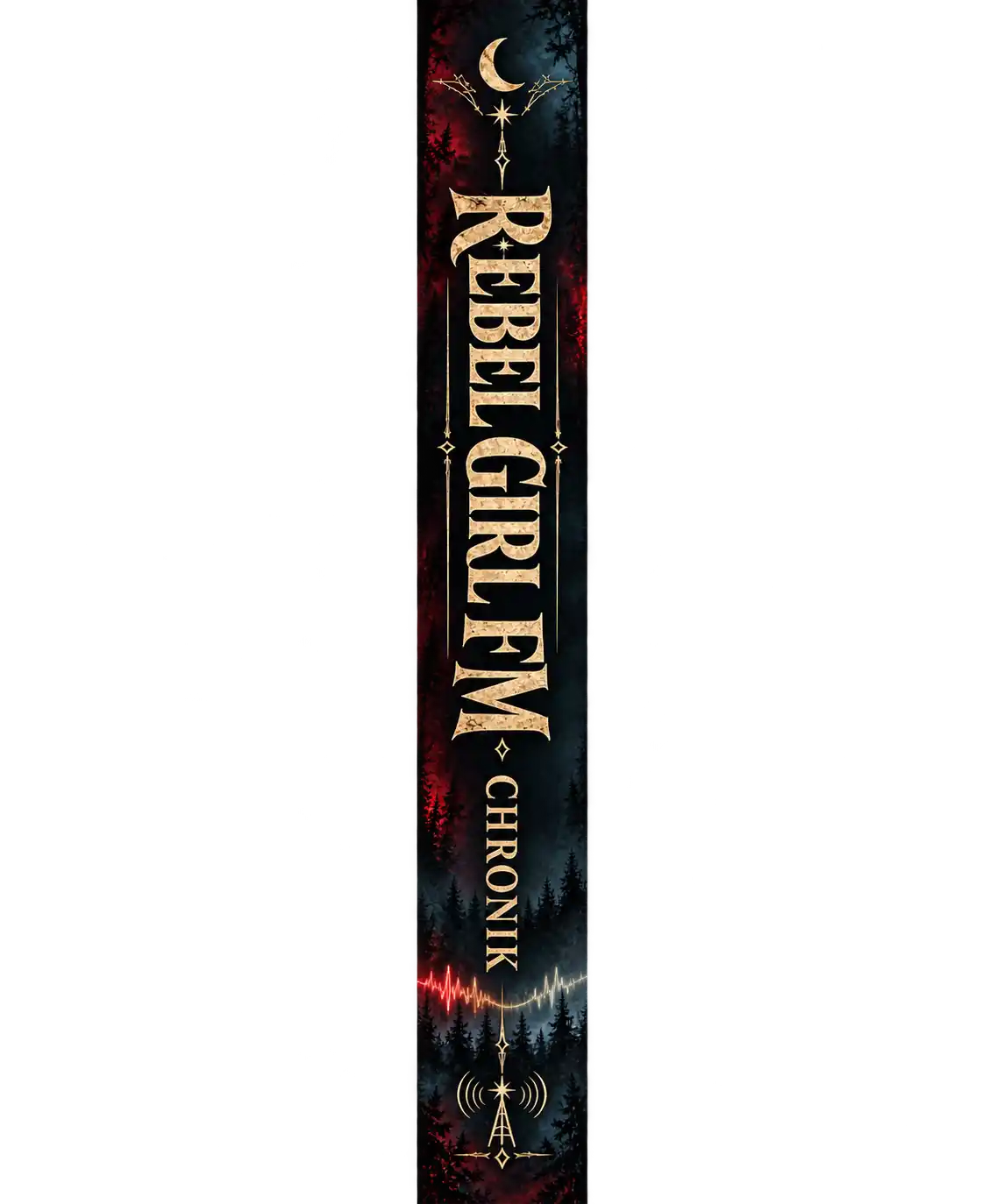 Buchrücken mit goldenem Rebel Girl FM Chronik-Schriftzug, Mondsichel und Waldmotiv