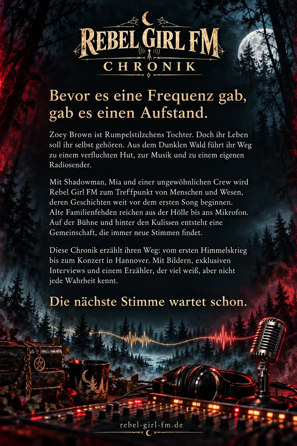 Buchrückseite mit deutschem Klappentext, Wald, Mond, Mikrofon und Kopfhörern